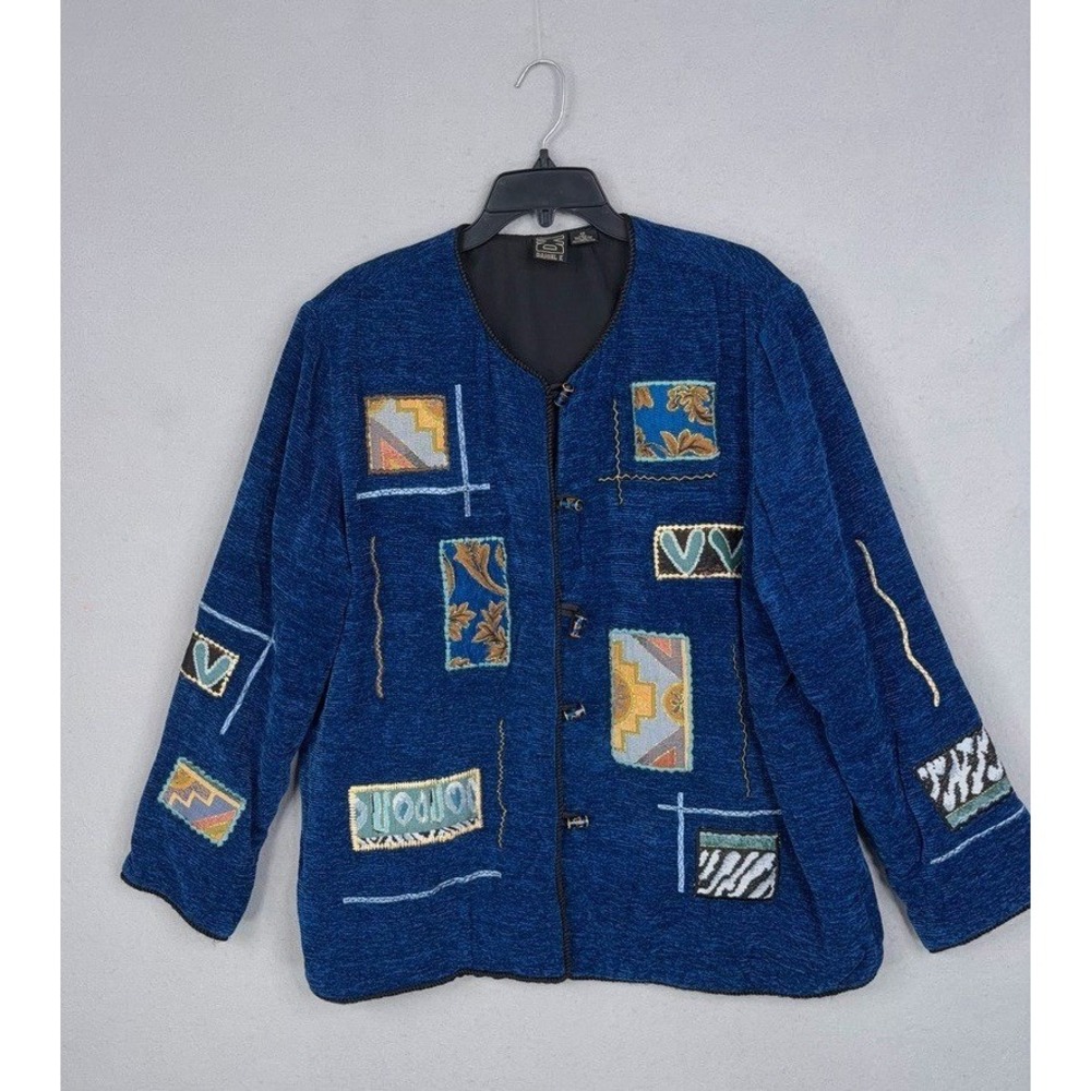 Daniel K Jacket Womens 1X Blue Patchwork Embroidered Textured Art To Wear Boho